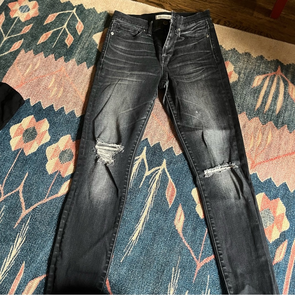 Madewell High Rise Skinny Jeans Washed Black Ripped Knee 26